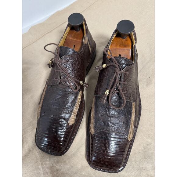 slickexotica Shoes Mens Size 9 Brown Ostrich Teju Lizard Derby Square Toe Dress